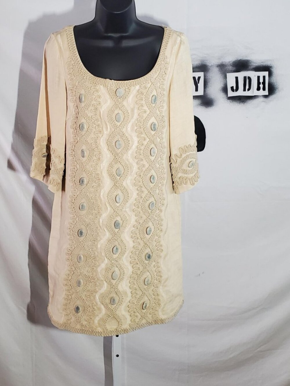 eci New York Linen Shift Dress Soutache Embroidered Sz 6 *read description